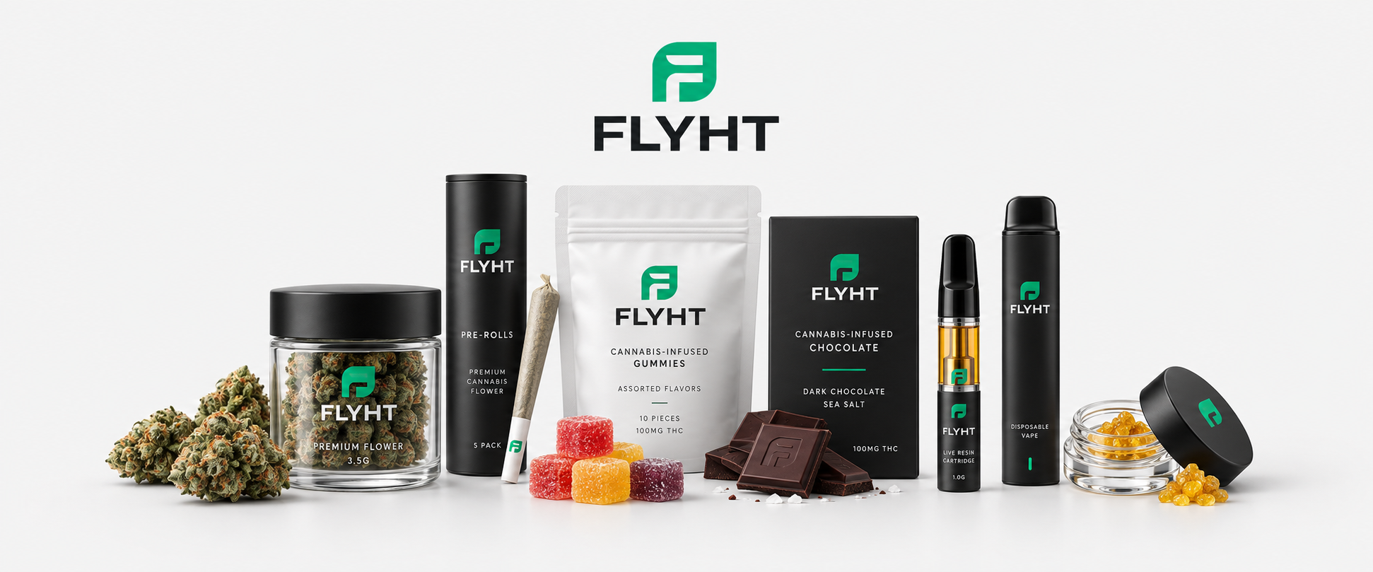 FLYHT products including flower, pre-rolls, gummies, chocolate, vapes, and concentrates